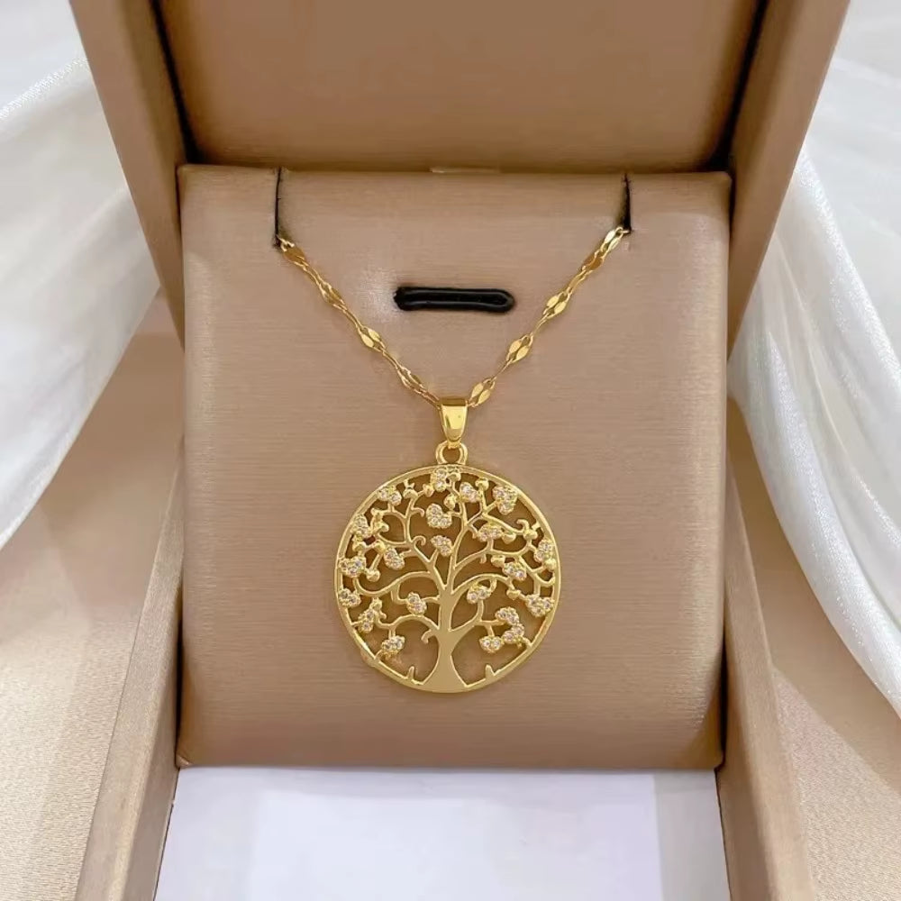 Temperamental Luxury Rhinestone Tree of Life Pendant Necklace Women Vintage Stainless Steel Waterproof Chain Aesthetic Jewelry