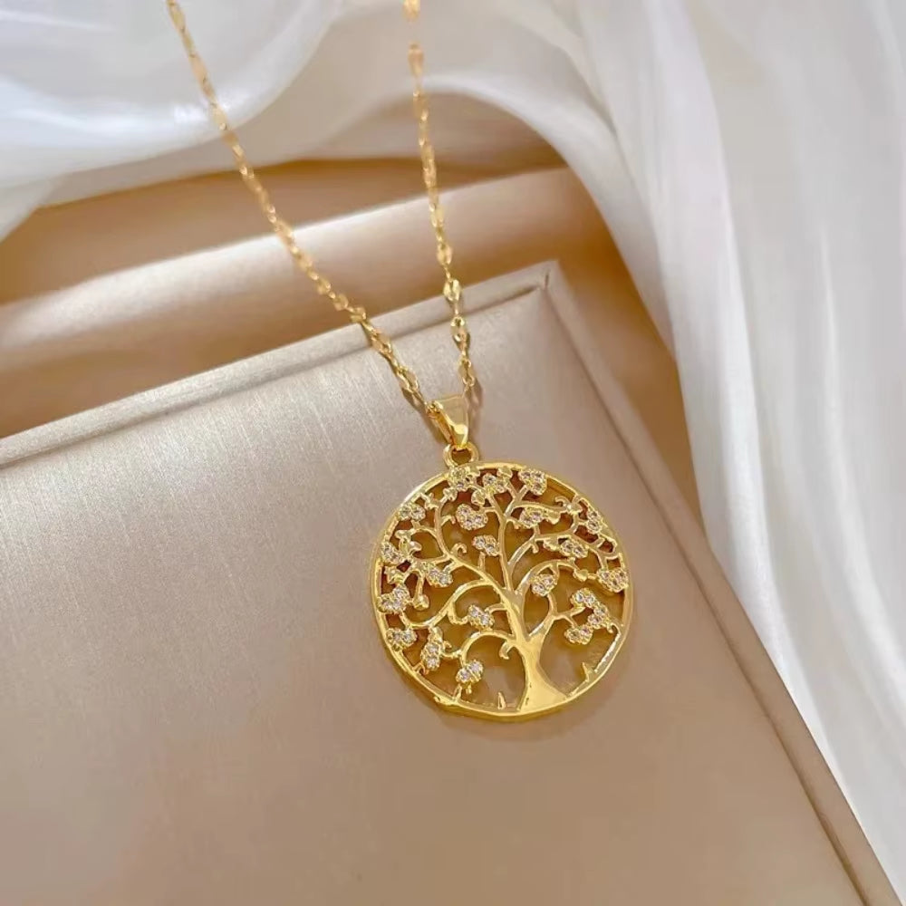 Temperamental Luxury Rhinestone Tree of Life Pendant Necklace Women Vintage Stainless Steel Waterproof Chain Aesthetic Jewelry