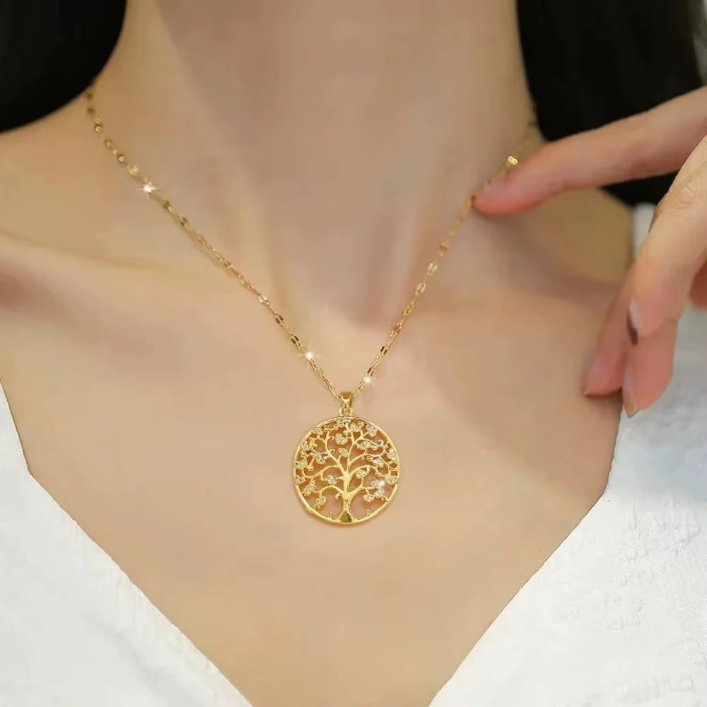 Temperamental Luxury Rhinestone Tree of Life Pendant Necklace Women Vintage Stainless Steel Waterproof Chain Aesthetic Jewelry