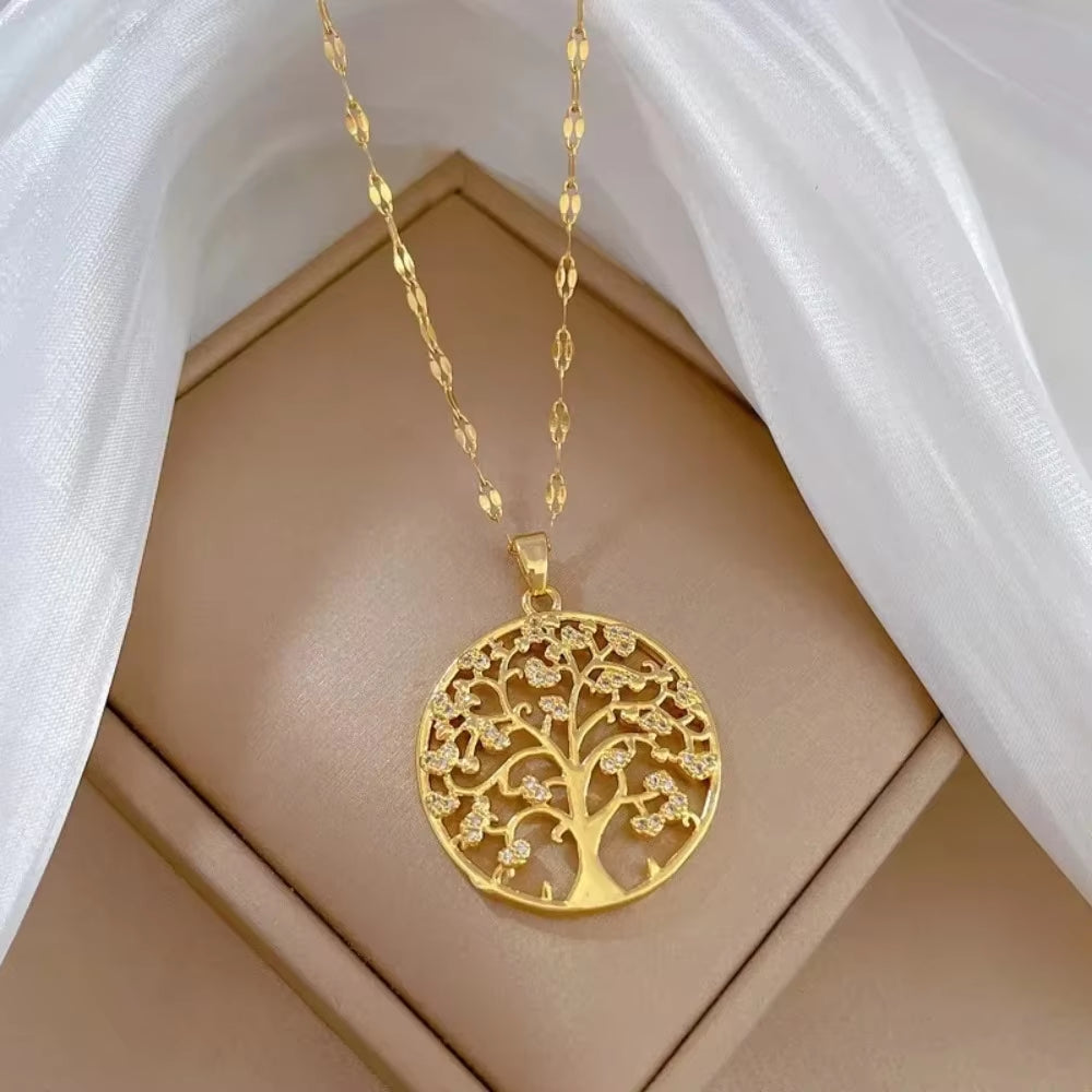 Temperamental Luxury Rhinestone Tree of Life Pendant Necklace Women Vintage Stainless Steel Waterproof Chain Aesthetic Jewelry