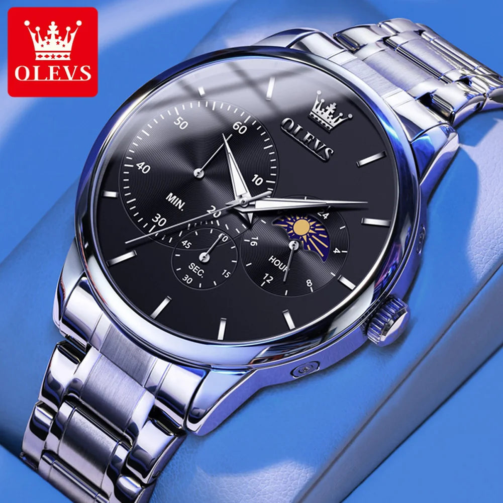 OLEVS 2936 Mens Watch Simple Casual Original Quartz Watch For Men Waterproof Luminous Stainleess Steel Moon Phase Men Gifts