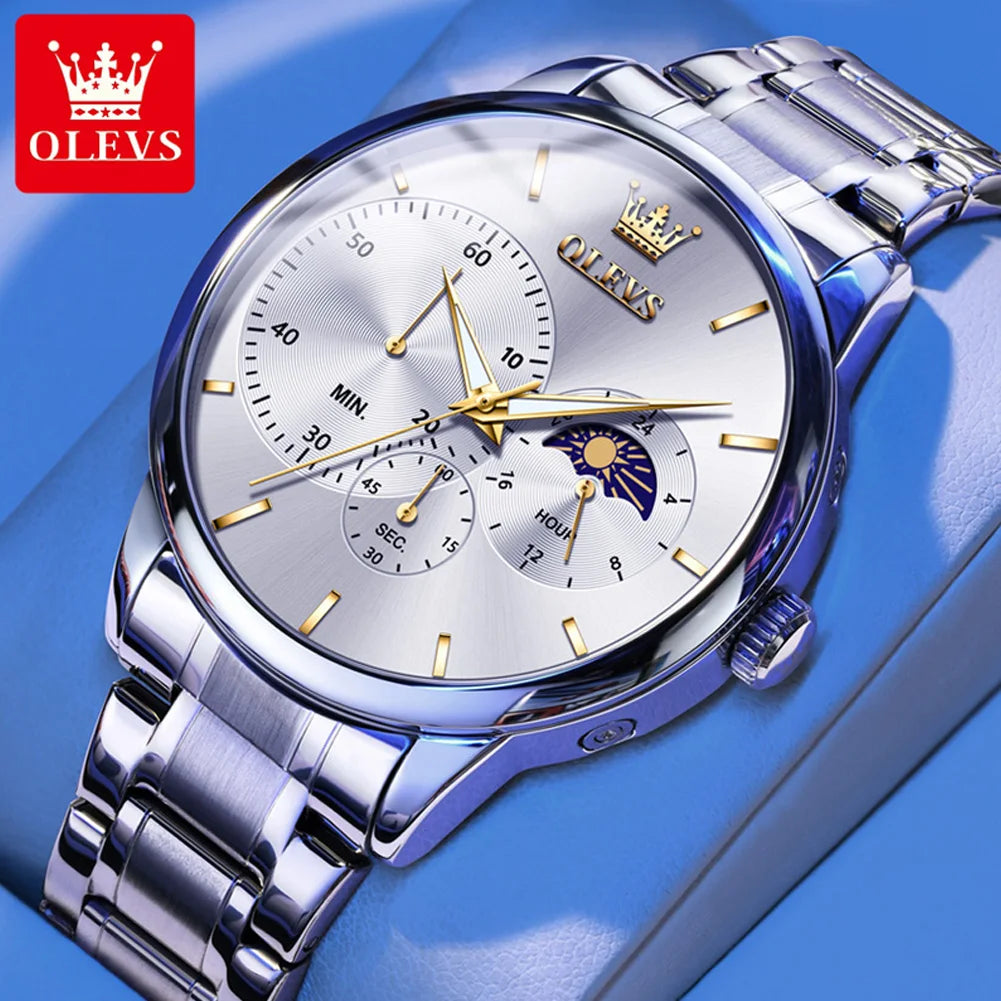 OLEVS 2936 Mens Watch Simple Casual Original Quartz Watch For Men Waterproof Luminous Stainleess Steel Moon Phase Men Gifts