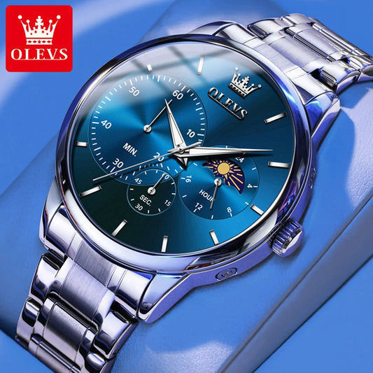 OLEVS 2936 Mens Watch Simple Casual Original Quartz Watch For Men Waterproof Luminous Stainleess Steel Moon Phase Men Gifts