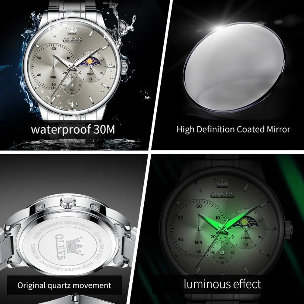 OLEVS 2936 Mens Watch Simple Casual Original Quartz Watch For Men Waterproof Luminous Stainleess Steel Moon Phase Men Gifts