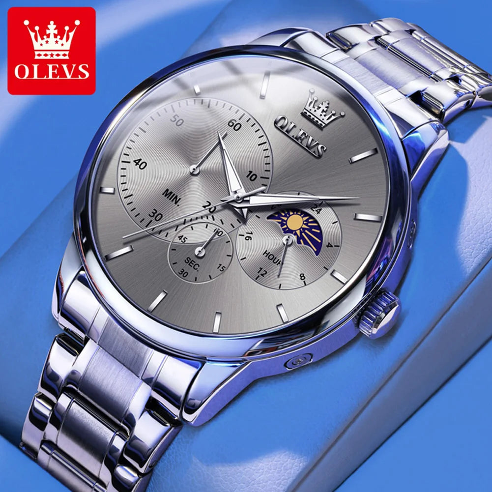 OLEVS 2936 Mens Watch Simple Casual Original Quartz Watch For Men Waterproof Luminous Stainleess Steel Moon Phase Men Gifts