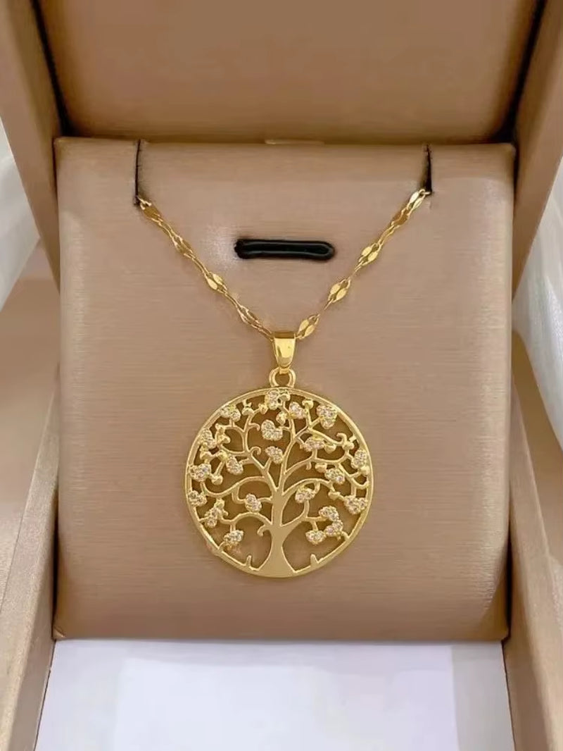 Temperamental Luxury Rhinestone Tree of Life Pendant Necklace Women Vintage Stainless Steel Waterproof Chain Aesthetic Jewelry